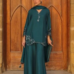 Pakistani designer Elegant Teal Long Sleeve Dress
